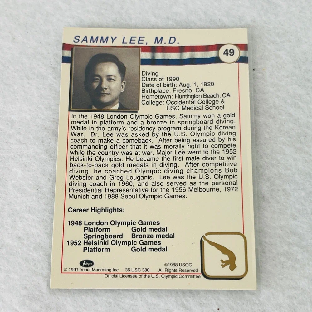 1991 Impel US Olympic Hall of Fame Sammy Lee Diving Card #49 Gold Medalist
